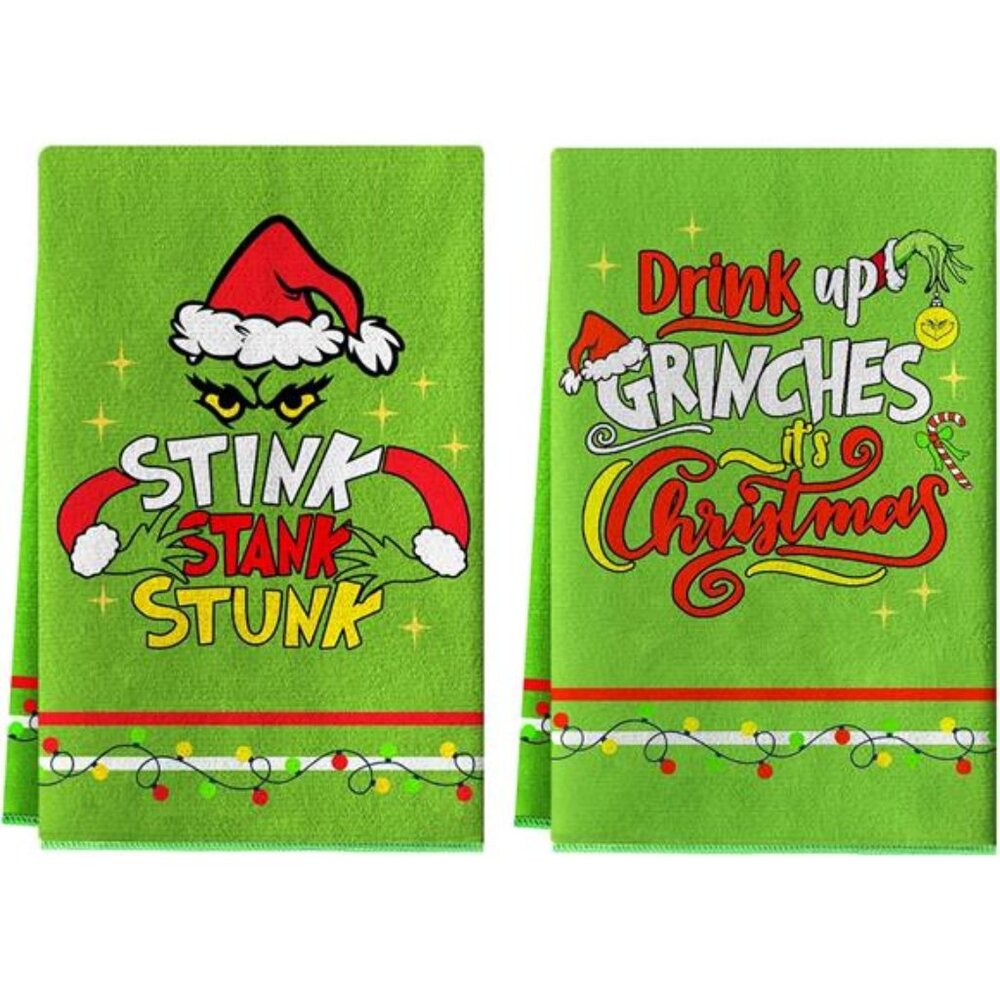 Set of 2 The Grinch Christmas Kitchen Towels, 17.7x27.5, Farmhouse Decor